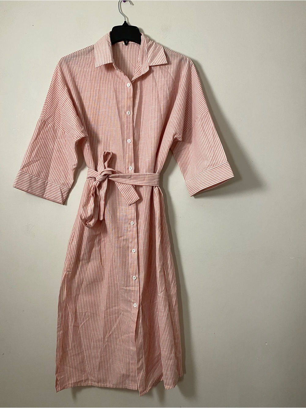 Classic Pink Striped Shirt Dress with Tie Waist